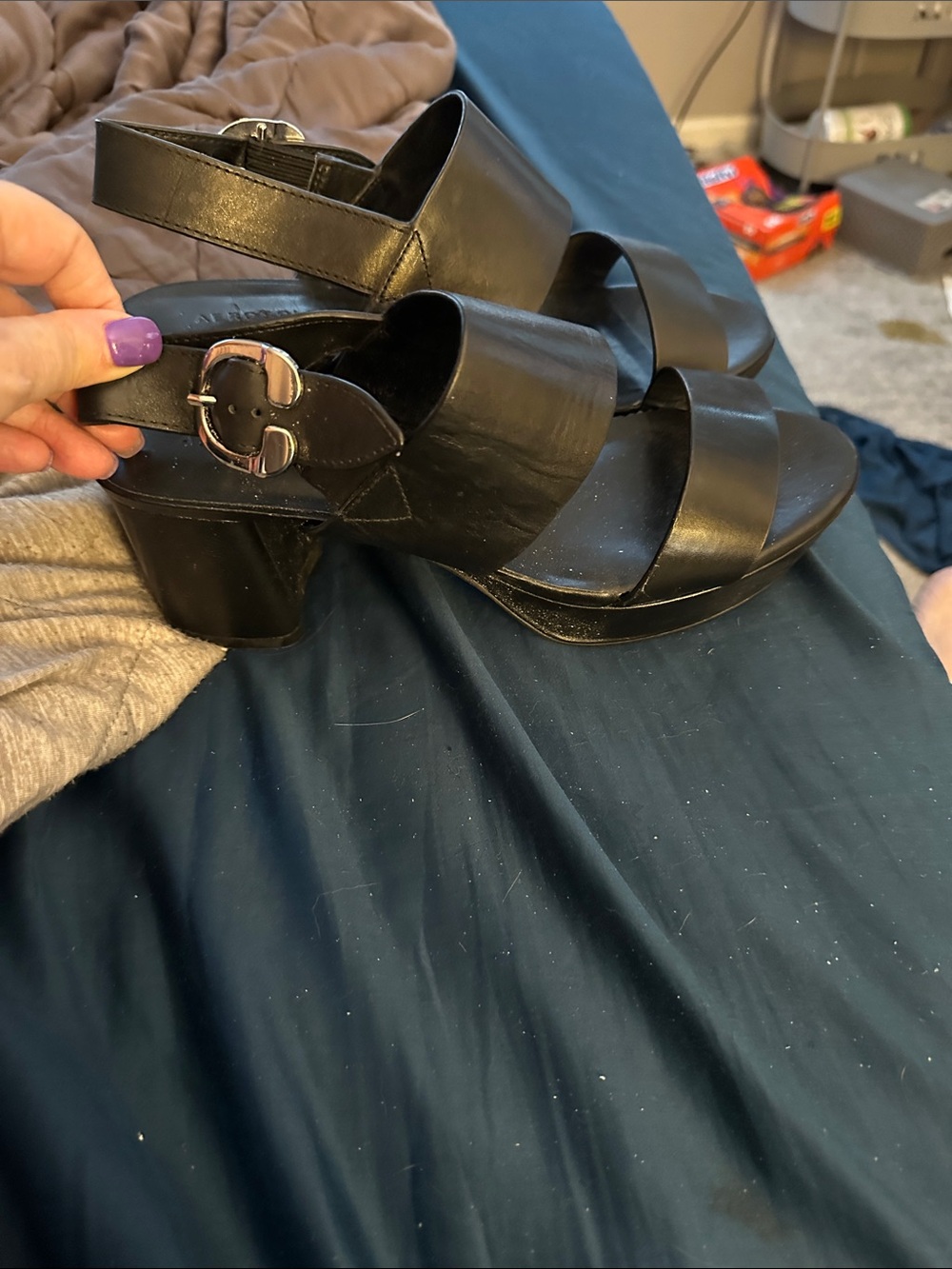 AEROSOLES Black Double-Strap Platform Sandals with Ankle Buckle - Picture 2 of 5